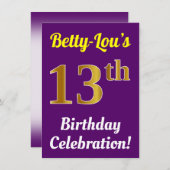 紫、フェイク金ゴールド13番目の誕生祝い+名前 招待状 (正面/裏面)