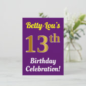 紫、フェイク金ゴールド13番目の誕生祝い+名前 招待状 (スタンド正面)