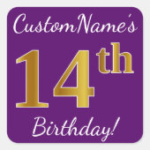 紫、フェイク金ゴールド14誕生日+名前をカスタムする スクエアシール (正面)