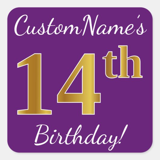 紫、フェイク金ゴールド14誕生日+名前をカスタムする スクエアシール (正面)