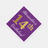 紫、フェイク金ゴールド14誕生日+名前をカスタムする スタンダードランチョンナプキン (角)