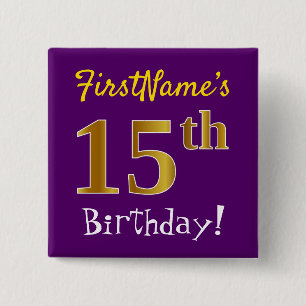 紫、フェイク金ゴールド15番目の誕生日、名前をカスタムする付き 缶バッジ