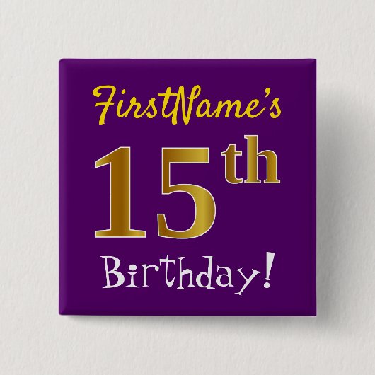 紫、フェイク金ゴールド15番目の誕生日、名前をカスタムする付き 缶バッジ (正面)