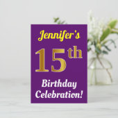 紫、フェイク金ゴールド15番目の誕生祝い+名前 招待状 (スタンド正面)