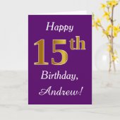 紫、フェイク金ゴールド15誕生日+名前をカスタムする カード (黄色い花)