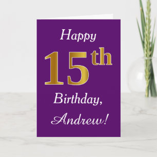 紫、フェイク金ゴールド15誕生日+名前をカスタムする カード