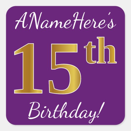 紫、フェイク金ゴールド15誕生日+名前をカスタムする スクエアシール (正面)