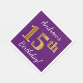 紫、フェイク金ゴールド15誕生日+名前をカスタムする スタンダードランチョンナプキン (角)