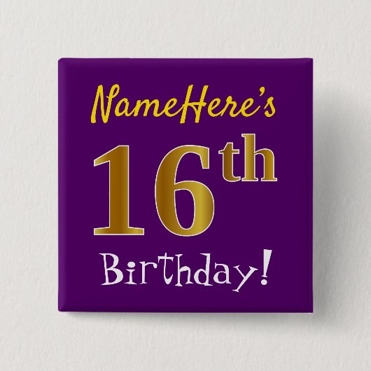 紫、フェイク金ゴールド16番目の誕生日、名前をカスタムする 缶バッジ (正面)