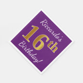 紫、フェイク金ゴールド16誕生日+名前をカスタムする スタンダードランチョンナプキン (角)