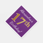 紫、フェイク金ゴールド17誕生日+名前をカスタムする スタンダードランチョンナプキン (角)