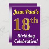 紫、フェイク金ゴールド18番目の誕生祝い+名前 招待状 (正面/裏面)