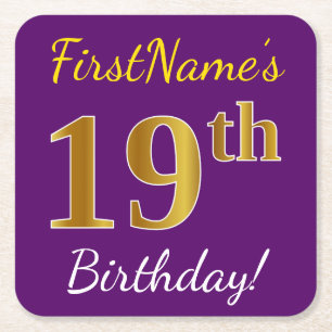 紫、フェイク金ゴールド19誕生日+名前をカスタムする スクエアペーパーコースター