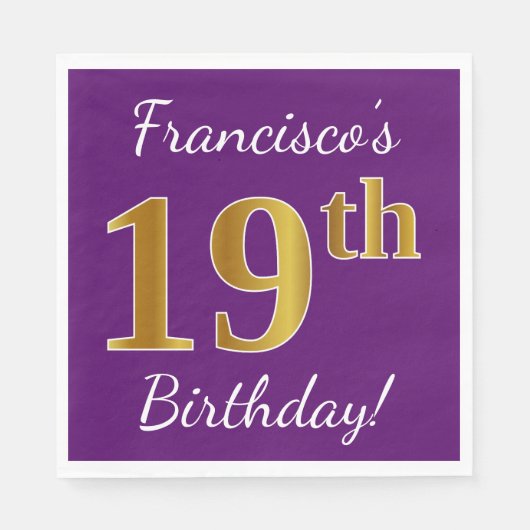 紫、フェイク金ゴールド19誕生日+名前をカスタムする スタンダードランチョンナプキン (正面)