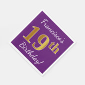 紫、フェイク金ゴールド19誕生日+名前をカスタムする スタンダードランチョンナプキン (角)