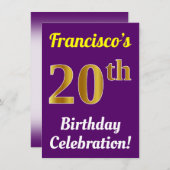 紫、フェイク金ゴールド20番目の誕生祝い+名前 招待状 (正面/裏面)