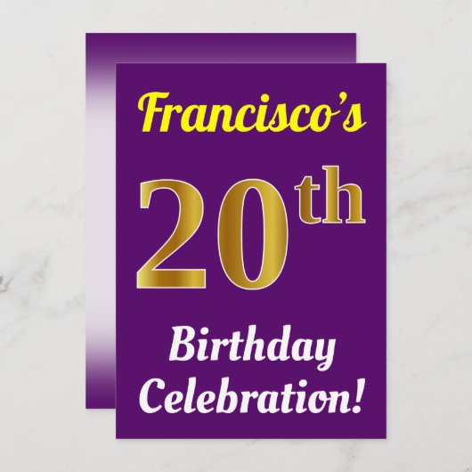 紫、フェイク金ゴールド20番目の誕生祝い+名前 招待状 (正面/裏面)