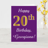 紫、フェイク金ゴールド20誕生日+名前をカスタムする カード (黄色い花)