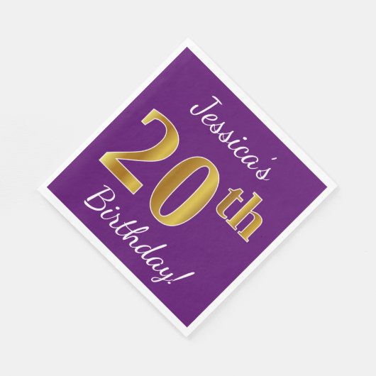 紫、フェイク金ゴールド20誕生日+名前をカスタムする スタンダードランチョンナプキン (角)