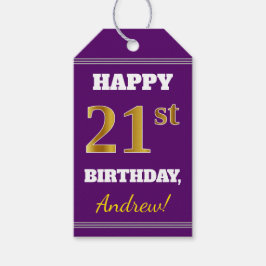 紫、フェイク金ゴールド21歳の誕生日+名前をカスタムする ギフトタグ