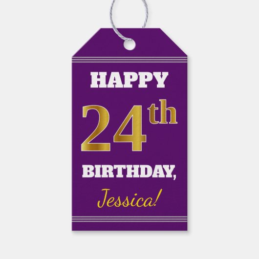紫、フェイク金ゴールド24誕生日+名前をカスタムする ギフトタグ (正面)