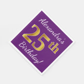 紫、フェイク金ゴールド25誕生日+名前をカスタムする スタンダードランチョンナプキン (角)