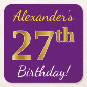 紫、フェイク金ゴールド27誕生日+名前をカスタムする スクエアペーパーコースター (正面)