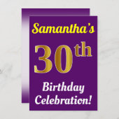 紫、フェイク金ゴールド30th誕生日お祝い+名前 招待状 (正面/裏面)
