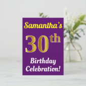 紫、フェイク金ゴールド30th誕生日お祝い+名前 招待状 (スタンド正面)