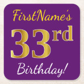 紫、フェイク金ゴールド33番目の誕生日+名前をカスタムする スクエアペーパーコースター (正面)