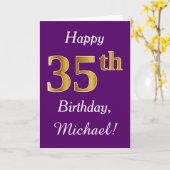 紫、フェイク金ゴールド35誕生日+名前をカスタムする カード (黄色い花)