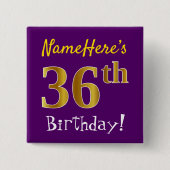 紫、フェイク金ゴールド36番目の誕生日、名前をカスタムする付き 缶バッジ (正面)