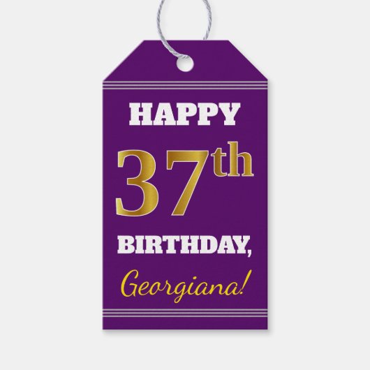 紫、フェイク金ゴールド37誕生日+名前をカスタムする ギフトタグ (正面)