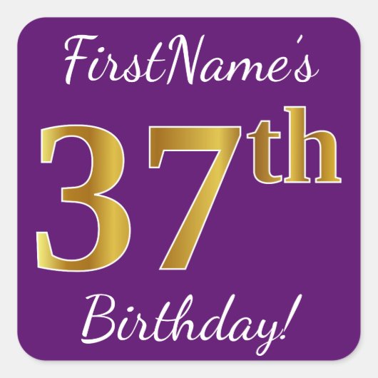 紫、フェイク金ゴールド37誕生日+名前をカスタムする スクエアシール (正面)