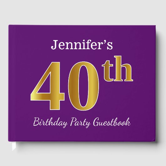 紫、フェイク金ゴールド40歳の誕生日パーティー、名前をカスタムする ゲストブック (正面)