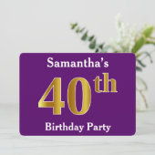 紫、フェイク金ゴールド40歳の誕生日パーティー、名前をカスタムする 招待状 (スタンド正面)