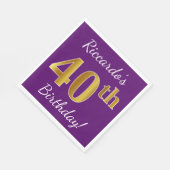 紫、フェイク金ゴールド40歳の誕生日+名前をカスタムする スタンダードランチョンナプキン (角)