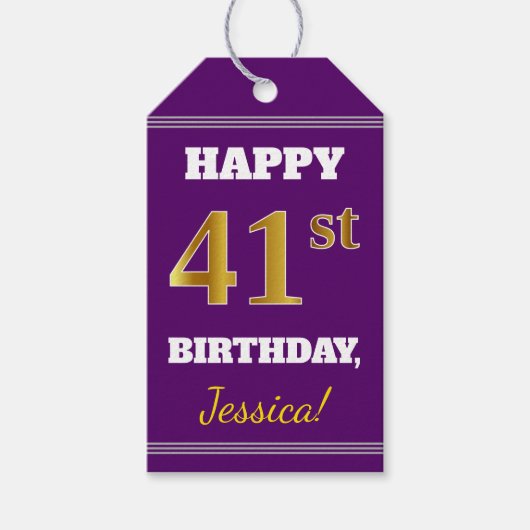紫、フェイク金ゴールド41番目の誕生日+名前をカスタムする ギフトタグ (正面)