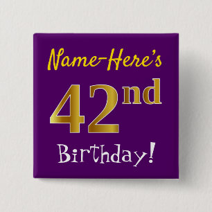 紫、フェイク金ゴールド42番目の誕生日、名前をカスタムする付き 缶バッジ