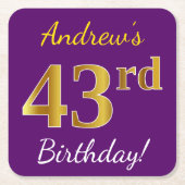 紫、フェイク金ゴールド43番目の誕生日+名前をカスタムする スクエアペーパーコースター (正面)