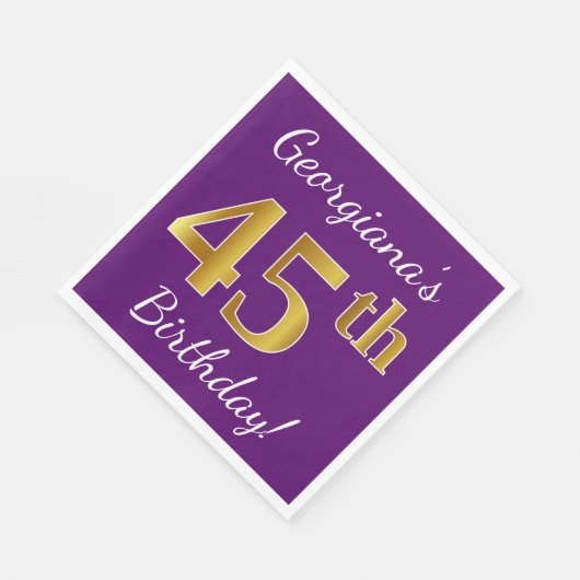 紫、フェイク金ゴールド45番目の誕生日+名前をカスタムする スタンダードランチョンナプキン (角)