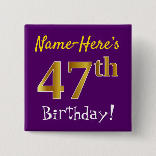 紫、フェイク金ゴールド47番目の誕生日、名前をカスタムする付き 缶バッジ
