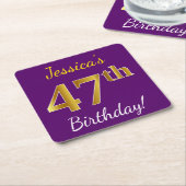 紫、フェイク金ゴールド47番目の誕生日+名前をカスタムする スクエアペーパーコースター (アングル)