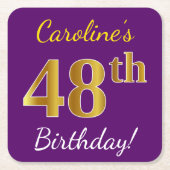 紫、フェイク金ゴールド48誕生日+名前をカスタムする スクエアペーパーコースター (正面)