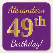 紫、フェイク金ゴールド49誕生日+名前をカスタムする スクエアペーパーコースター (正面)