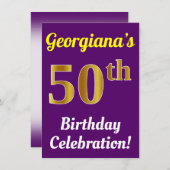 紫、フェイク金ゴールド50番目の誕生祝い+名前 招待状 (正面/裏面)