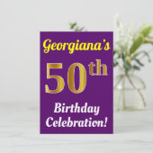 紫、フェイク金ゴールド50番目の誕生祝い+名前 招待状 (スタンド正面)