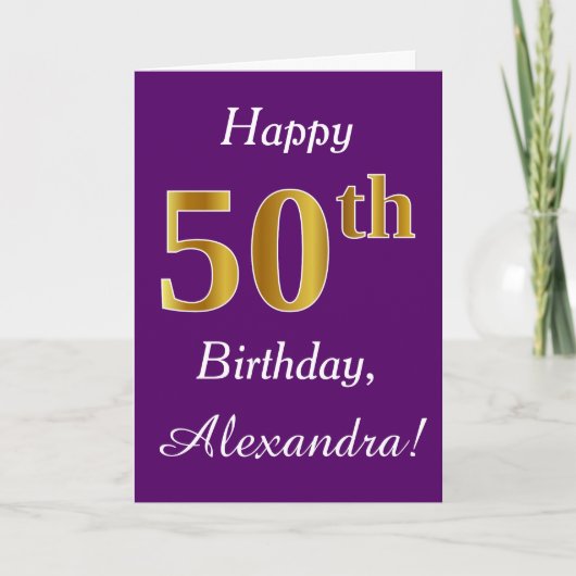 紫、フェイク金ゴールド50誕生日+名前をカスタムする カード (正面)