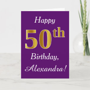 紫、フェイク金ゴールド50誕生日+名前をカスタムする カード