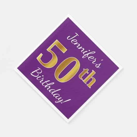 紫、フェイク金ゴールド50誕生日+名前をカスタムする スタンダードランチョンナプキン (角)